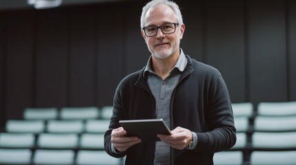 Confident Mature Man Holding Tablet in Modern Auditorium Setting