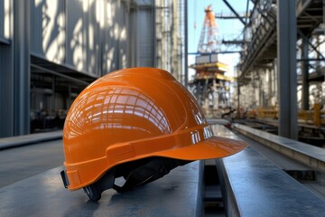 Bright Orange Safety Helmet Positioned on Metal Beam in Industrial Setting with Rigging Equipment in Background under Clear Blue Sky