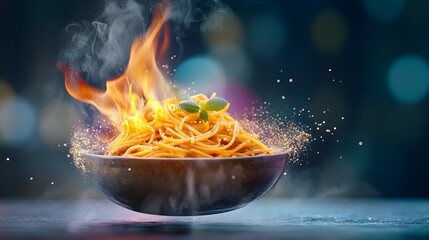 Flaming spicy pasta dish in a modern restaurant food photography vibrant atmosphere close-up view culinary concept