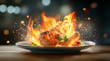 Fototapeta premium Fiery grilled chicken delight gourmet kitchen food photography evening setting close-up shot culinary art