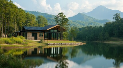 Fototapeta premium A house sits on a lake with mountains in the background. The house is surrounded by trees and has a large pond in front of it. The scene is peaceful and serene