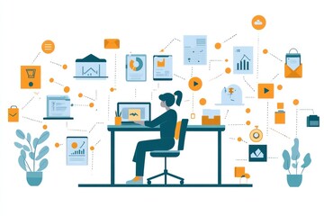 A productive day in a hybrid work environment depicted by a timeline of tasks completed across various digital and physical locations, symbolizing seamless work-life balance.