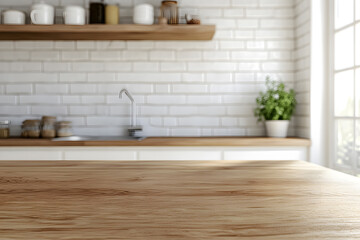 Wood table top on blurred kitchen background, wood, table, top, kitchen, background, interior, home, design, decor, furniture
