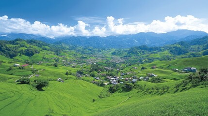 Fototapeta premium Verdant Rice Terraces and Mountain Village Panorama