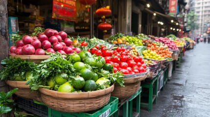 Obraz premium Vibrant Asian Street Market Fresh Produce Display