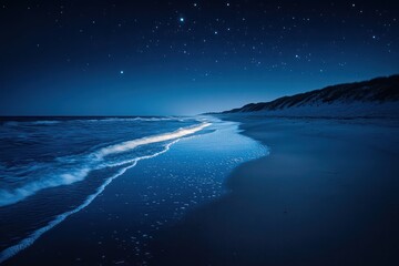 Fototapeta premium A quiet beach with gentle waves lapping at the shore under a starry sky, where tranquility and beauty meet