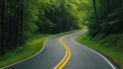 Fototapeta premium Winding Road Amidst a Dense Green Forest Capturing Nature's Serenity and Journey Aesthetics