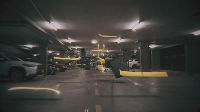 Abstract car parts forming a Formula racing Car in a Parking lot