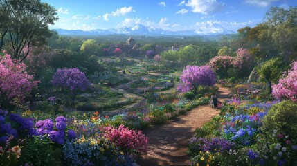 Vibrant Floral Garden Landscape with Distant Mountains