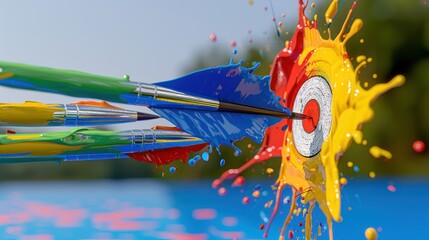 Colorful Arrows Hitting Bullseye Target with Paint Splash
