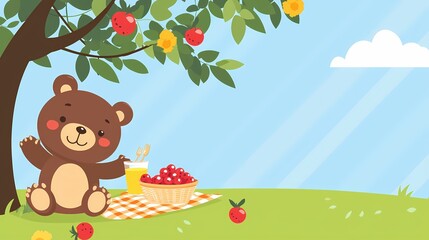 Obraz premium Cute bear having a picnic under a tree with red apples and yellow flowers on a sunny day
