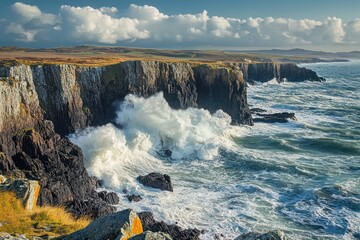 A rocky coastline with crashing waves, where the rugged cliffs meet the powerful ocean, creating a...