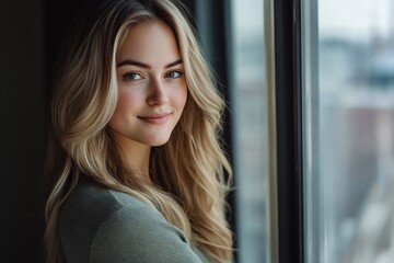 Close-up of a beautiful, smiling blonde business woman in a casual outfit