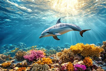 Obraz premium Dolphin Graceful Swim Above Vibrant Coral Reef in Clear Ocean Water Sunlight Shining