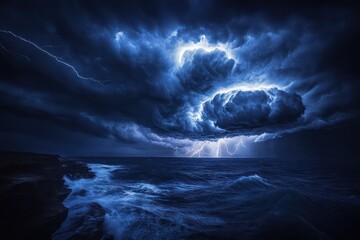 A rolling thunderstorm over an open sea, where dark clouds gather and lightning flashes across the sky, creating a powerful and dramatic marine scene.