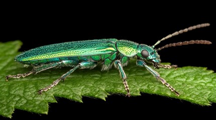 Fototapeta premium Vibrant Green Jewel Beetle on Leaf Macro Photography