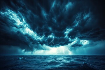 A rolling thunderstorm over an open sea, where dark clouds gather and lightning flashes across the sky, creating a powerful and dramatic marine scene.