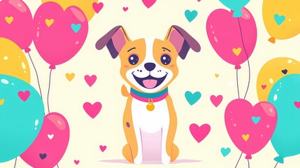 Fototapeta premium Cartoon dog with balloons heart shapes and bright colors on a light yellow background