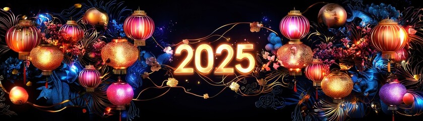 Obraz premium Celebratory Chinese New Year Banner Featuring Radiant Lanterns and Blossoms for Festive Decorations