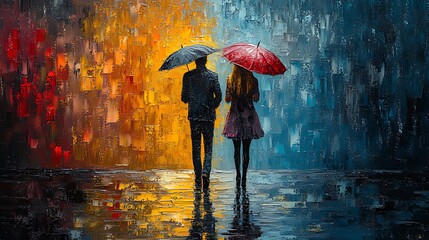 Couple walking rainy city street, abstract art, romance