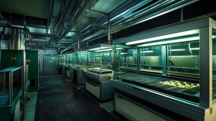 A high-tech poultry farm with automated feeders and climate control systems