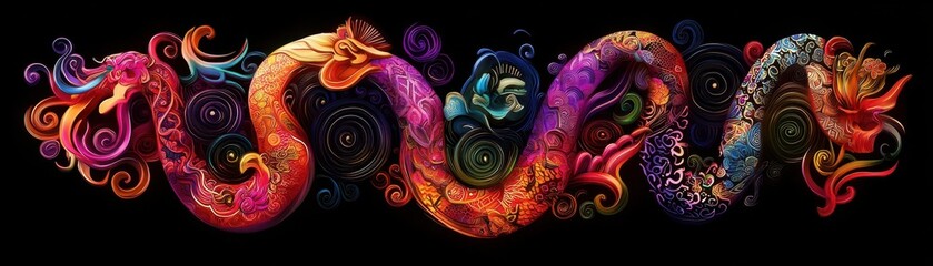 Colorful Intricate Snake Design Featuring Vibrant Patterns and Swirling Elements Against a Dark Background