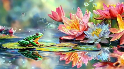 Green frog on lily pad with pink and white water lilies in a serene pond with bubbles