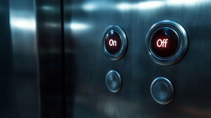 On and off buttons on machines, an elevator control panel, modern design, illuminated in red and blue lights
