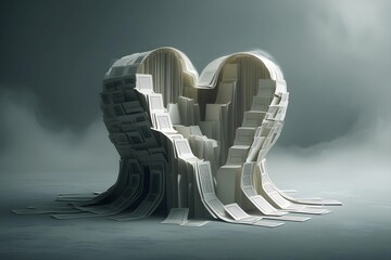 a house of cards in the shape of a heart, trembling as though it’s about to collapse