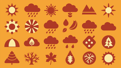 Flat Icons Silhouettes of Seasonal Weather Elements like Snowflakes, Tornadoes, and Leaves