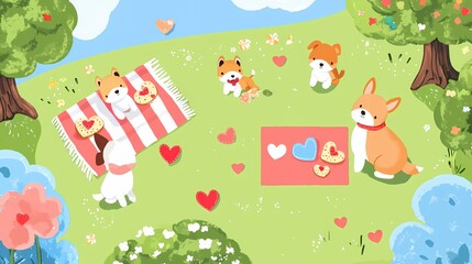 Cute puppies having a picnic on a green field with heart shaped cookies and a red and white blanket