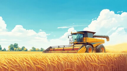 A modern combine harvester working in a golden cornfield under the blue sky