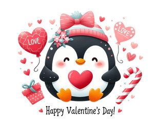 Vector Hand drawn illustration character cute cartoon penguin in a hat with pink heart for Valentine day Watercolor style, clipart isolated on white backgroud with clipping path.