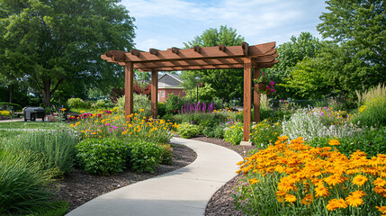 Beautiful  flowers, wooden archway,garden thai style Brick Garden Path with sunset and isolated on the beautiful background

