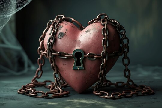 a heart tightly wrapped with chains, with a keyhole in the center