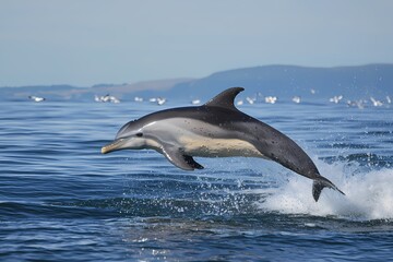 Fototapeta premium Dolphin jumps from ocean surface with seagulls flying in background on a clear day