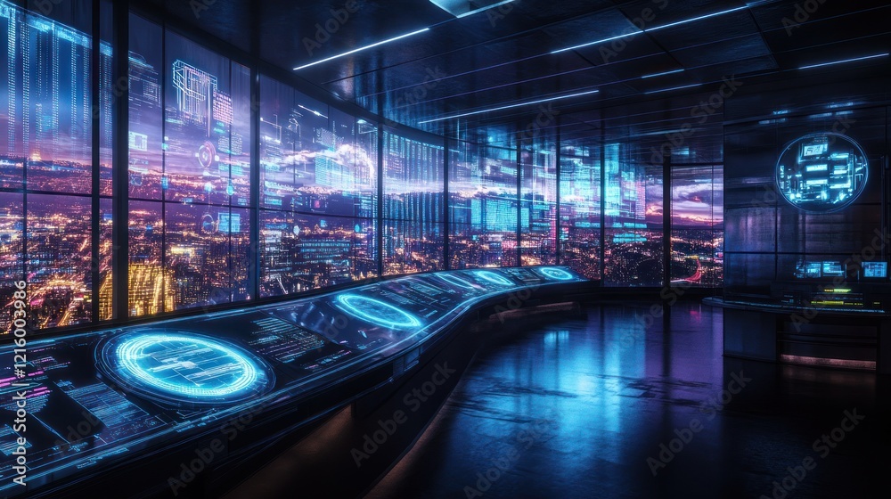 Poster futuristic control room with city view illuminated with digital interface and monitors displaying da