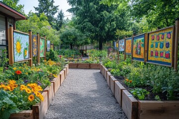 A school garden adorned with children's artwork, symbolizing creativity and a connection to nature in education