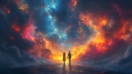 Fototapeta premium Couple holding hands, cosmic sunset, fantasy sky, reflection, romance artwork