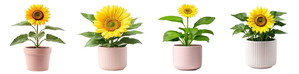 Obraz premium Flower pot isolated collection concept. Four vibrant sunflowers in decorative pots, showcasing various styles, exuding freshness and a cheerful ambiance.