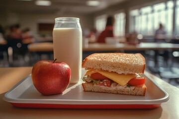 A school lunch tray with a carton of milk, a sandwich, and an apple, representing a balanced and nutritious meal for students