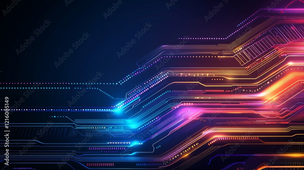 Wall mural abstract futuristic technology background glowing circuit board design with neon lines and dots