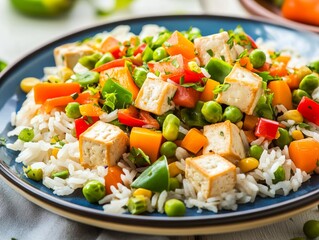 A colorful plate of rice with mixed vegetables and tofu. Featuring a vibrant and balanced meal. Highlighting the diversity of ingredients. Ideal for vegan and vegetarian recipes.