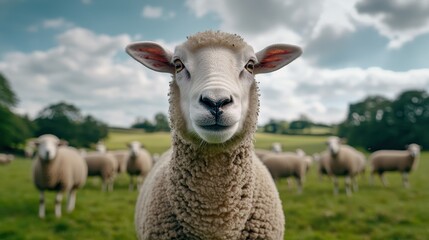 Obraz premium Close-up of a Curious Sheep in a Green Pasture Surrounded by a Flock Under a Brightly Lit Sky with Beautiful Clouds and Soft Lighting
