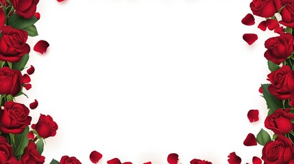 Red rose border with a white background, Valentine's Day background with copy space for text