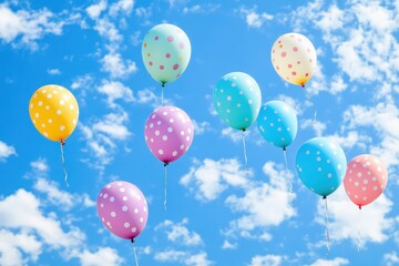 Fototapeta premium Colorful polka dot balloons floating against a bright blue sky