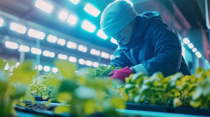 A worker planting seedlings in a vast greenhouse under bright LED light