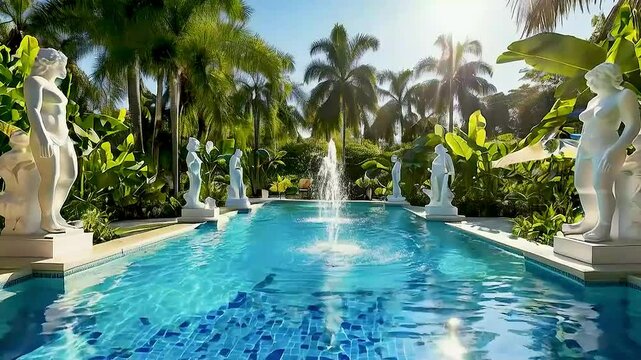 a pool with statues