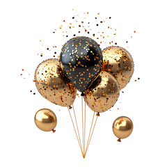 A cluster of festive balloons in black and gold with confetti, perfect for celebrations.