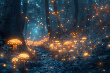 A serene forest with glowing mushrooms and ethereal lights softly illuminating the trees, creating a mystical and otherworldly ambiance